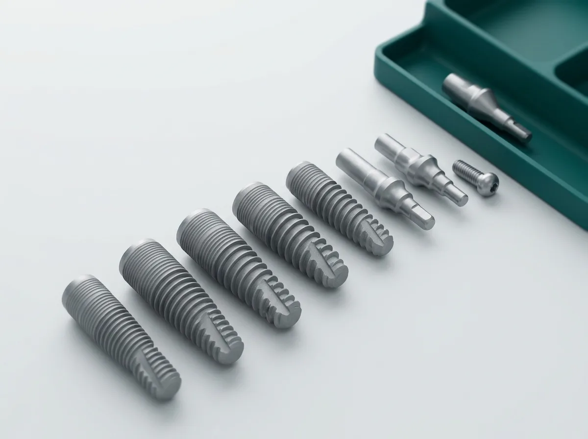 Implantes dentales cónicos de distintos largos junto a pilares protésicos